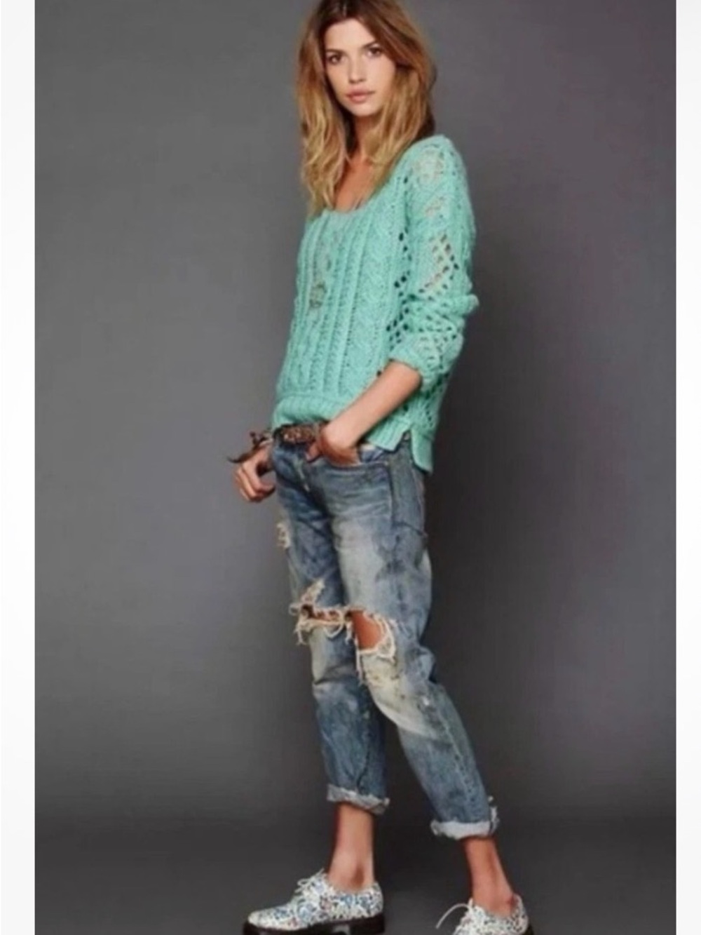 FREE PEOPLE OPEN CABLED SWEATER BOATNECK OVERSIZE GREEN KNIT SIZE S WOOL BLEND